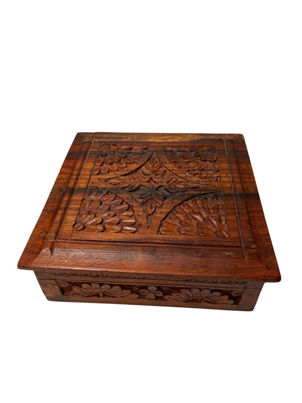 Hand-Carved Wooden Decorative Trinket Box - India. Deep rich tones